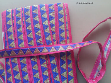 Blue, Fuchsia And Bronze Thread Triangle Embroidery One Yard Lace Trim 18mm Wide - 200317L302